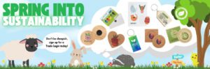 "An illustrated spring-themed promotional banner featuring cute animals like a sheep, rabbit, and badger among flowers. The banner highlights sustainable products with a variety of images, including eco-friendly items and the message 'Spring Into Sustainability.' Text reads: 'Don't be sheepish, sign up for a Trade Login today!' with an Easter theme.